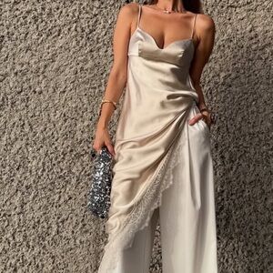 ZARA SILK LACE SLIP SATIN AFFECT LINGERIE CREAM/LT BLUE‎ SMALL NWT